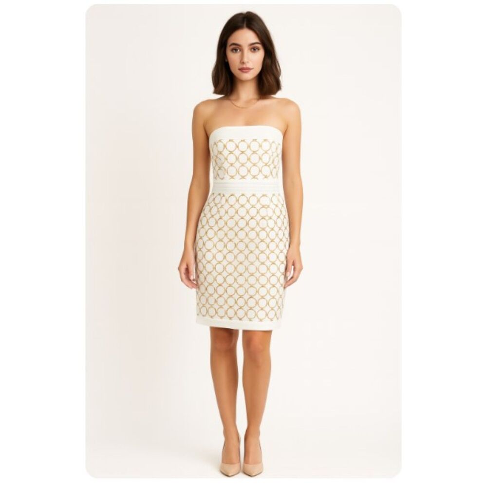 Gretchen Scott Designs Strapless Dress Sheath Mini Lined White Gold Lined Size S
